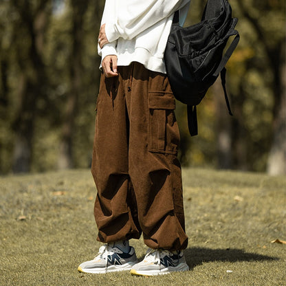 Streetwear Pants For Men Fashion Loose Pockets Cargo Pant Autumn Casual Solid Color Corduroy Trousers Mens Vintage Lantern Pants