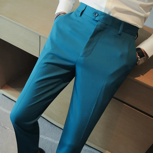 saferido Men Spring Summer Belt Decoration Casual Ankle Length Pants Fashion Slim Fit Suit Pants Streetwear Social Business Trousers