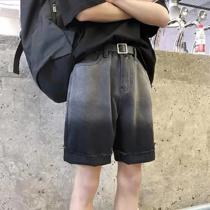 saferido Summer Gradient Denim Shorts Men's Fashion Retro Denim Shorts Mens Streetwear Korean Loose Hip-hop Straight Denim Shorts Men