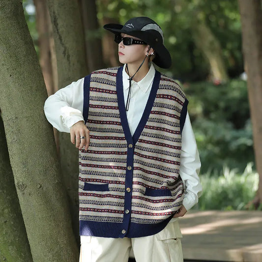 saferido New Spring and Autumn Sleeveless Knitted Cardigan Men's Clothing Waistcoat Contrast Color Casual Sweater Vest Coat Fashion V26