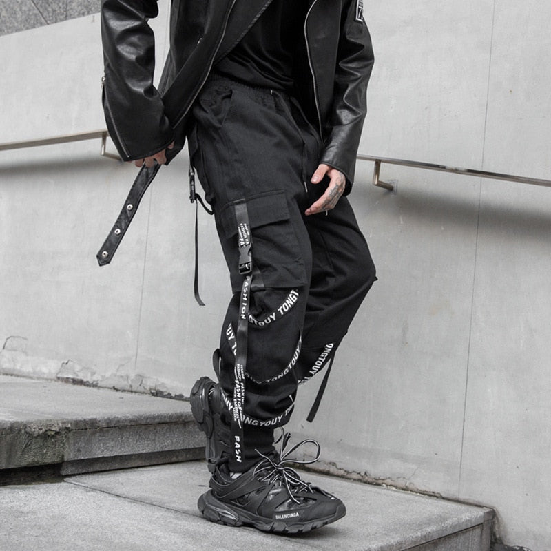Black Cargo Pants Men Joggers Cargo Trousers for Men Jogging Japanese Streetwear Hip Hop Hippie Techwear Gothic Ribbon