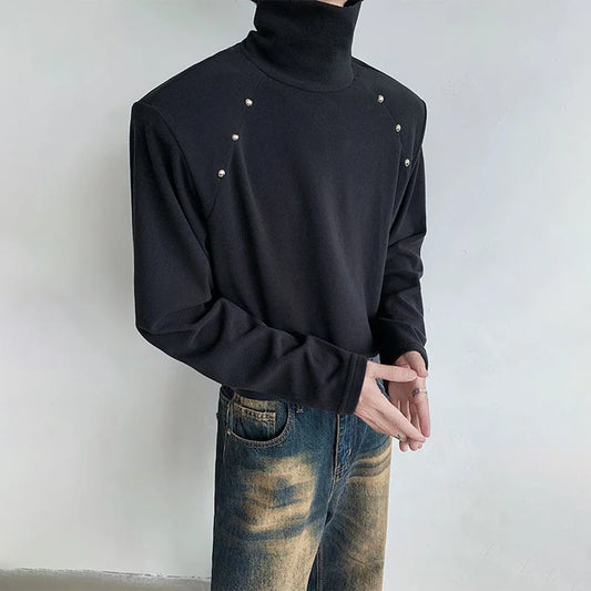 saferido Rivet High Collar White Y2k Long-Sleeved T-Shirt Mens Spring And Autumn Street Fashion Casual Inner Bottoming Shirt Pullover Top
