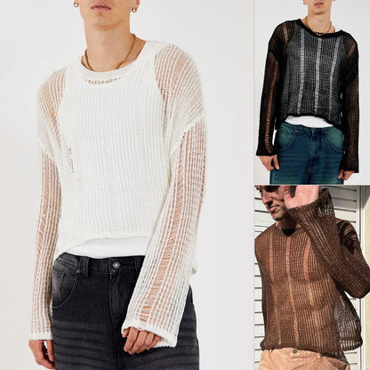 saferido Spring Autumn New Sweater T-shirts For Men Elastic Hollow Slinghtly Transparent Long Sleeve Loose Versatile Knitting Tees Tops