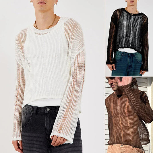 saferido Spring Autumn New Sweater T-shirts For Men Elastic Hollow Slinghtly Transparent Long Sleeve Loose Versatile Knitting Tees Tops