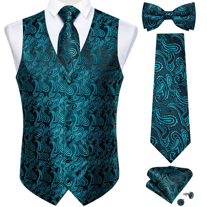 Men Black Paisley Vest Necktie Bowtie Pocket Square Cufflinks Dress Set Classic 5 PCS Business Waistcoat for Man
