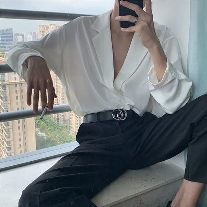 Spring New Deep V-neck Shirt Men Thin Solid Color Korean Style Mens Shirts High-end Design Double-breasted Long Sleeve Shirt