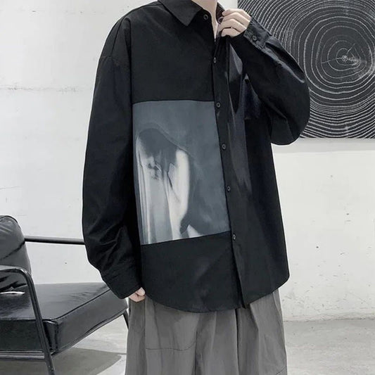 Men's Printing Long Sleeve Cargo Shirts Harajuku Black Shirt Korean Style Men Shirt Long Sleeve Vintage Clothes Streetwear