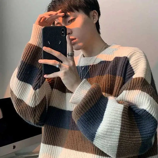 saferido Autumn Winter Sweater Men Pullover Korean Style Male Striped Sweater Loose Knitted Sweater Trend Thick Top Mens Clothing