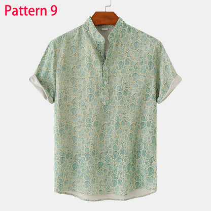 Summer New Short Sleeve Floral Hawaiian Shirt Men Half Placket Collar Beach Shirt Men Casual Holiday Vacation Clothing 3XL