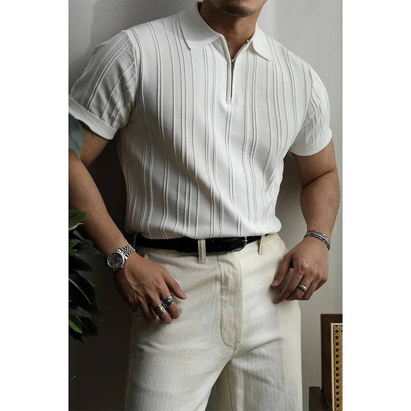 Summer Men's Clothing Light Luxury Zipper Polo Shirt Korean Solid Color Short Sleeve Retro Fashion Streetwear Leisure Knitwear