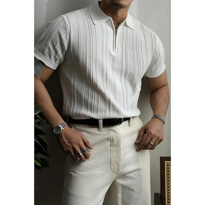 Summer Men's Clothing Light Luxury Zipper Polo Shirt Korean Solid Color Short Sleeve Retro Fashion Streetwear Leisure Knitwear