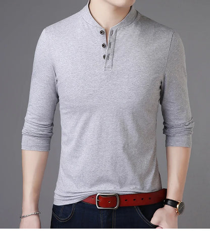 saferido New Spring Autumn Casual Men T Shirt Cotton Long Sleeve Stand Collar Tops Tees Mens Slim Fit Solid Color Tshirt Men Clothing