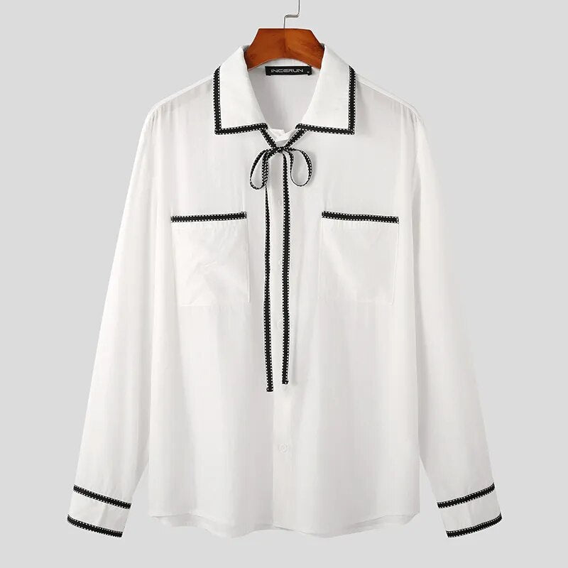 Men Casual Shirt Patchwork Lapel Long Sleeve Korean Style Men Clothing Streetwear Lace Up Elegant Shirts S-5XL