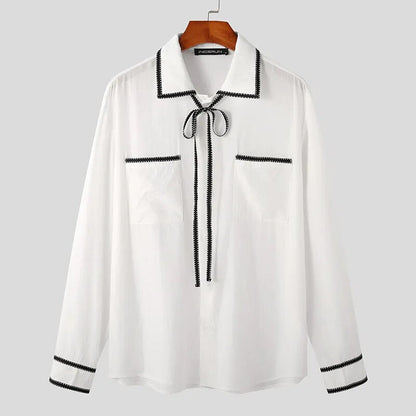 Men Casual Shirt Patchwork Lapel Long Sleeve Korean Style Men Clothing Streetwear Lace Up Elegant Shirts S-5XL