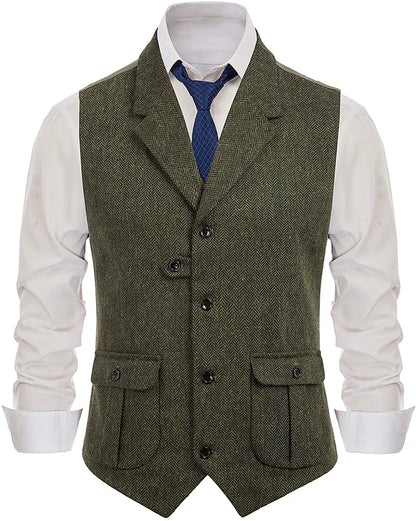 Herringbone Men's Vests Casual Suit Vest Notch Lapel with Two Pockets Herringbone Waistcoat for Wedding Groomsmen  Men Vest