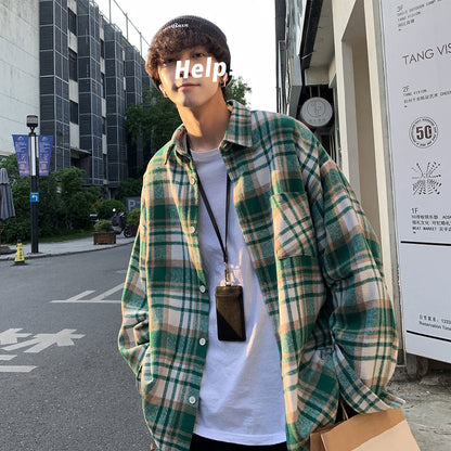 Privathinker Green Woolen Plaid Shirt Coat Men's Loose Korean Thickened Long Sleeve Male Casual Blouses Unisex Fashion Clothing