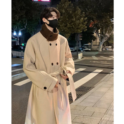 saferido Men's Lamb wool Patchwork Woolen Overcoat Men High-end Stand Collar Casual Loose Korean Style Winter New Elegant Trench Coat