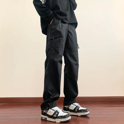 saferido Fashion Korean Side Zipper Casual Wide Leg Pants Khaki/Black Men Spring Autumn Streetwear Loose Straight Pant Mens Trousers