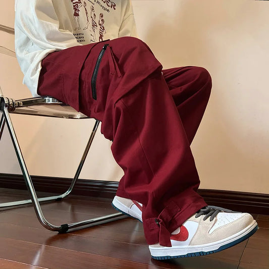 saferido Men's Clothing Cargo Pants Jogger Work Wear Man Pants New Y2k Wine Red Spring Casual Loose Straight Leg Wide Leg Men Trousers