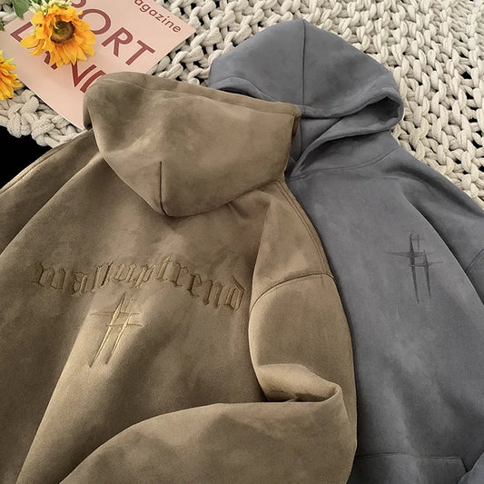 saferido Mens Suede Hoodies Fall Winter Sweatshirt American Vintage College Style Hooded Sweatshirt Fashion Street Trend Clothing