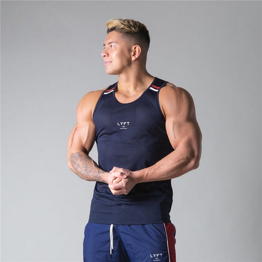Men's Fitness Gym Mesh Breathable Striped Tank Top Men's Sleeveless Shirts Men's Sports Tank Top Gym Running Crew Tank Top Men's