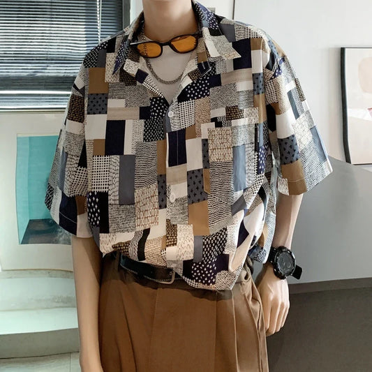 saferido Korean Mens Vintage Short Sleeve Dress Shirt Trend Couple Hawaiian Loose Print Blouses Shirts 2024 Summer Designer Men Clothing