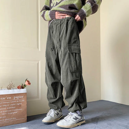 saferido Winter Thickened Corduroy Pants Men Oversize Pocket Cargo Pants Men Streetwear Hip Hop Loose Straight Pants Mens Thick Trousers