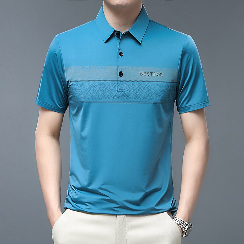 Men T Shirts Breathable Short Sleeve Summer T Shirt for Men Business Casual Fashion Striped Turn-Down Collar T Shirt Male