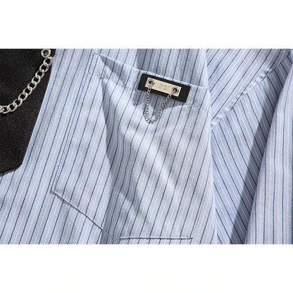 saferido Blue Striped Shirt Vintage College Style Tie Chain Design Loose Casual Blouse Couple Long Sleeve Top Harajuku Male Shirts Coat