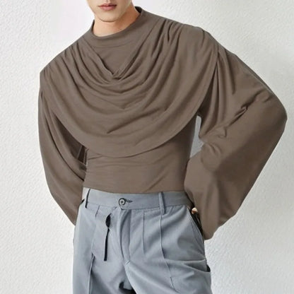 saferido American Style New Men's Layered Design Swing Collar T Shirts Retro Streetwear Leisure Solid Long Sleeved Irregular Blouse S-2XL