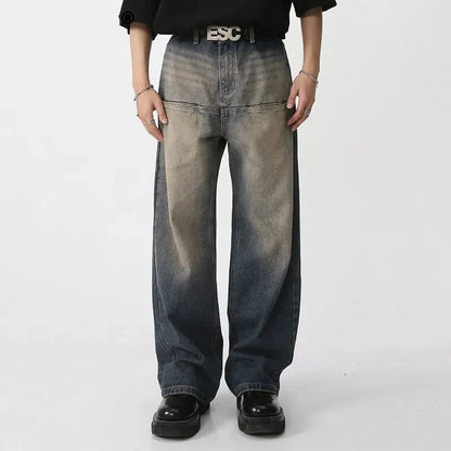 Men's Wear New Spring Vintage Male Washed Jeans High Waist Front Pocket Loose Straight Wide Leg Pants Fashion