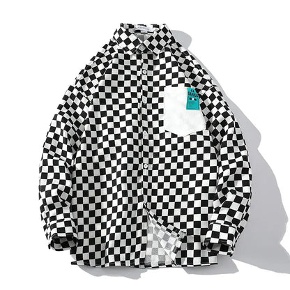 saferido High street ins checkerboard long sleeved shirt men's spring clothes plus fat plus size trendy fat people loose casual coat