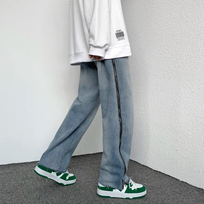 saferido Washed Blue Jeans for Men Hiphop Zipper Design Loose Straight Mopping Denim Trousers Oversize Trend Retro Wide-leg Daddy Pants