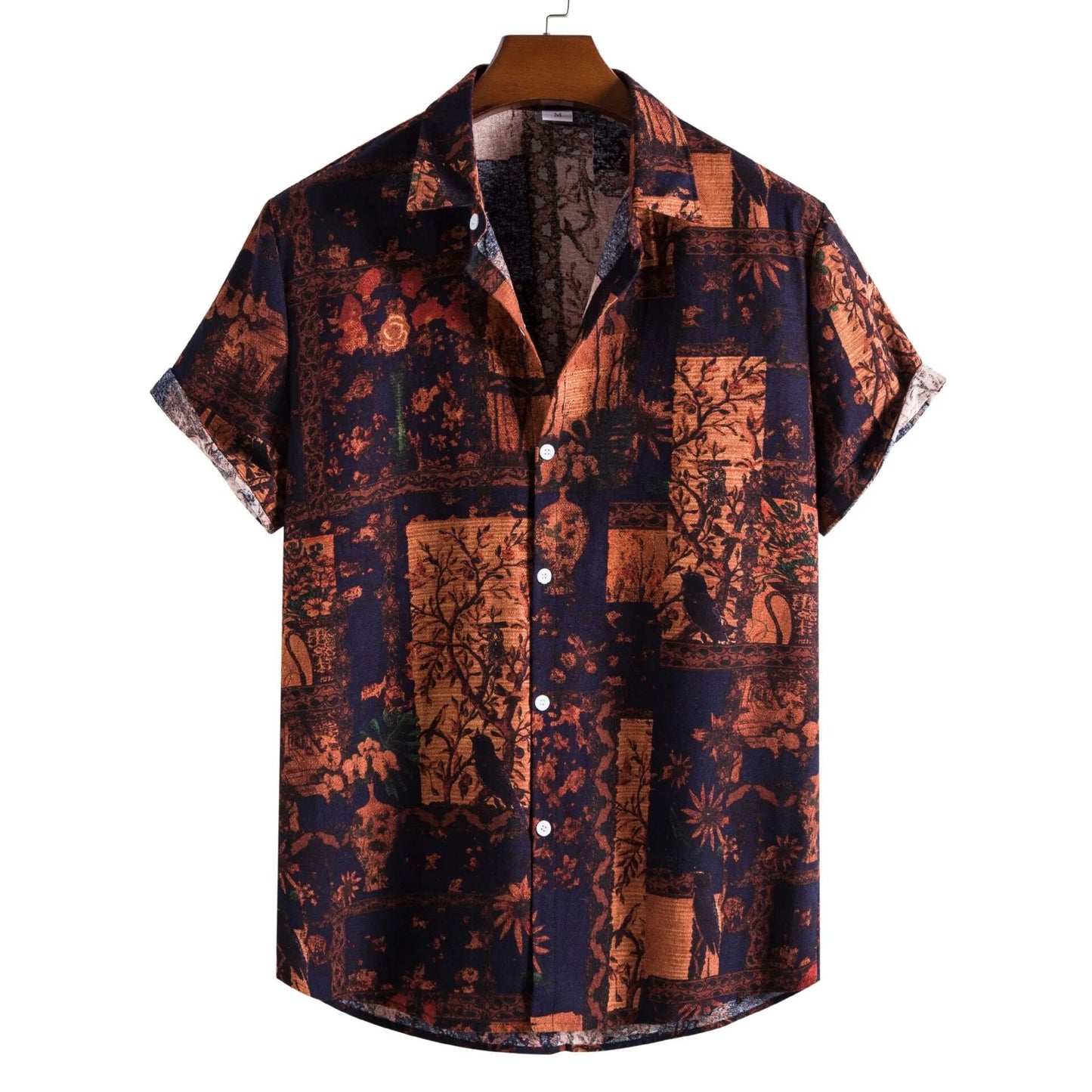 Mens Vintage Button Up Linen Shirts Slim Fit Short Sleeve Hawaiian Floral Shirt Men Casual Harajuku Streetwear Camisas Homme XXL