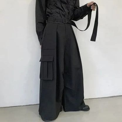 saferido Mens Multi-Pocket Loose Casual Skirts Genderless Japanese Harajuku Street Dark Workwear Style Solid Color Wide Leg Pants Unisex