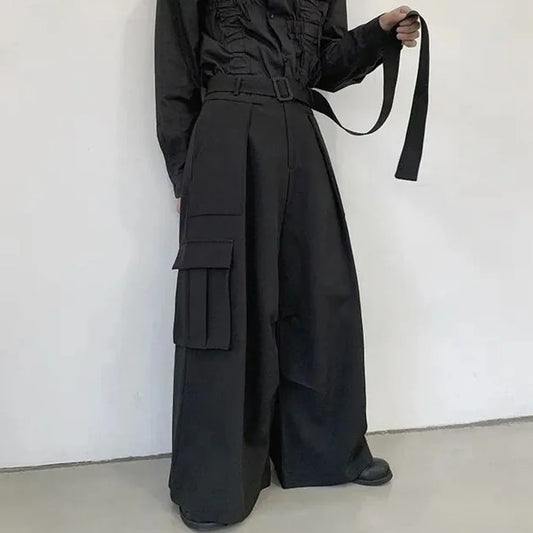saferido Mens Multi-Pocket Loose Casual Skirts Genderless Japanese Harajuku Street Dark Workwear Style Solid Color Wide Leg Pants Unisex