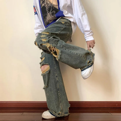 saferido Men's Torn Jeans American Street Hip-hop Baggy Pants Spring and Autumn Thin Women's Hip-hop Baggy Pants Y2k Hombre