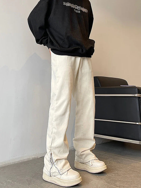 saferido American high street vibe jeans, men's trendy straight leg pants, thin and high-end slim fitting workwear, zippered pants,2024
