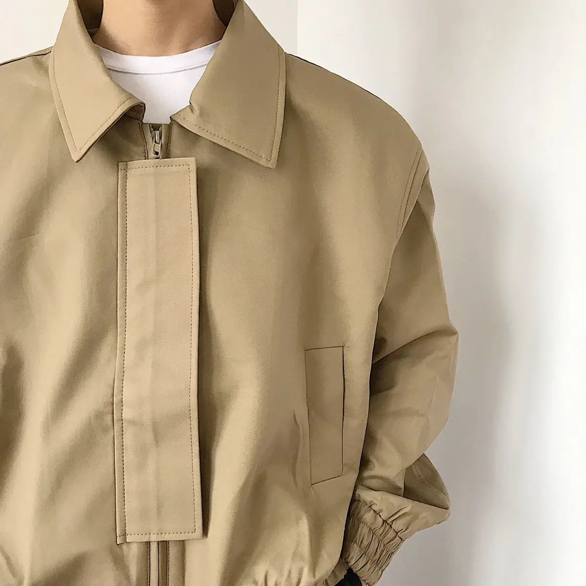Spring New Short Jacket Men's Long Sleeved Solid Color Square Collar Fashion Loose Casual Zipper Bomber Jacket Streetwear