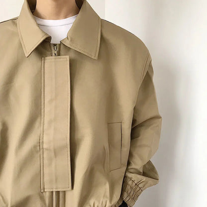Spring New Short Jacket Men's Long Sleeved Solid Color Square Collar Fashion Loose Casual Zipper Bomber Jacket Streetwear