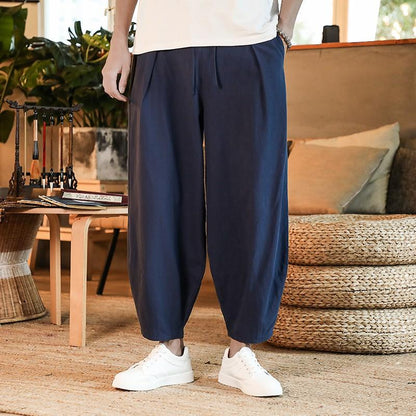 Loose Men's Cotton Linen Pants Summer Solid Color Breathable Linen Trousers Male Casual Elastic Waist Fitness Pants Plus Size