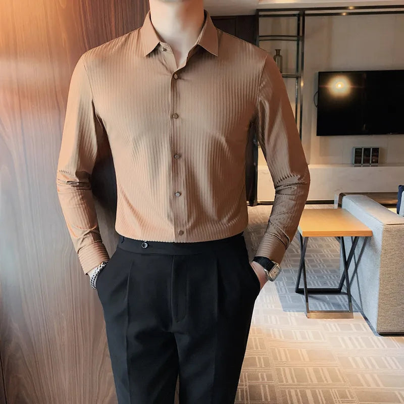 saferido Spring Autumn Long Sleeve Men Vintage Shirts Fashion stripe Slim Fit Korean Mens Shirt Luxe Homm Office Dress Shirts S-4XL