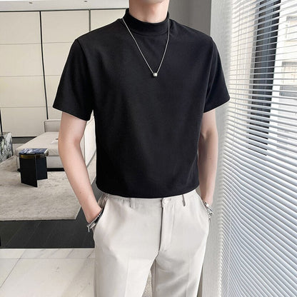 7Colors Solid Turtleneck Short Sleeve T-Shirts For Men Clothing Simple All Match Comfortable Casual Tee Shirt Homme Sale