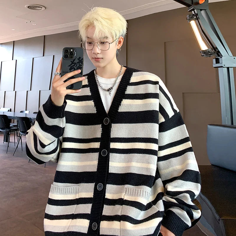 saferido Autumn Striped Cardigan Sweater Men Korean Knitted Sweater Pullover Harajuku Hip Hop Streetwear Loose Knitwear Coat Male Clothes