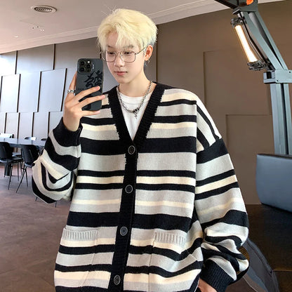 saferido Autumn Striped Cardigan Sweater Men Korean Knitted Sweater Pullover Harajuku Hip Hop Streetwear Loose Knitwear Coat Male Clothes