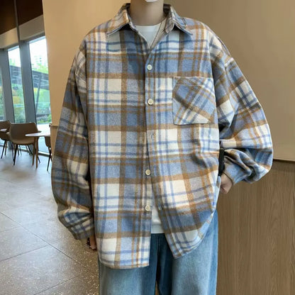 saferido Men 2024 Spring Summer Fashion Checkered Turn-down Collar Tops T-Shirt Men Clothing Casual Loose Long Sleeve Button Shirts