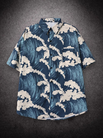 saferido Oversized Loose Men Shirt American Style Summer Fried Street Fashion Small Fish Print New Personalized Mens Casual Shirts