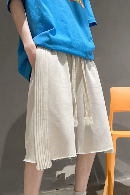 saferido Solid Loose Shorts Thin Summer Sports Thousand Pleated Straight Wide-leg Casual Pants Oversized 5-point Pants Men's White Orange