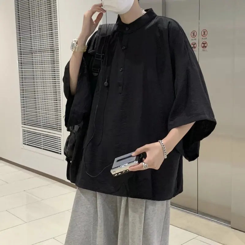 saferido Summer Short Sleeved Shirt Men Oversized Fashion Black White Shirt Men Streetwear Korean Loose Pullover Shirt Mens Casual Shirts