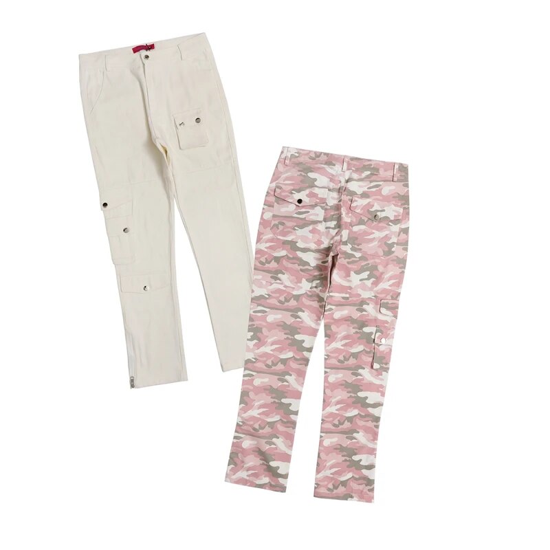 Harajuku Camou Wide Cargo Pants Hiphop Zipper Multi-pocket Pink Camouflage Micro Flared Pants for Men Slim Women Clothing